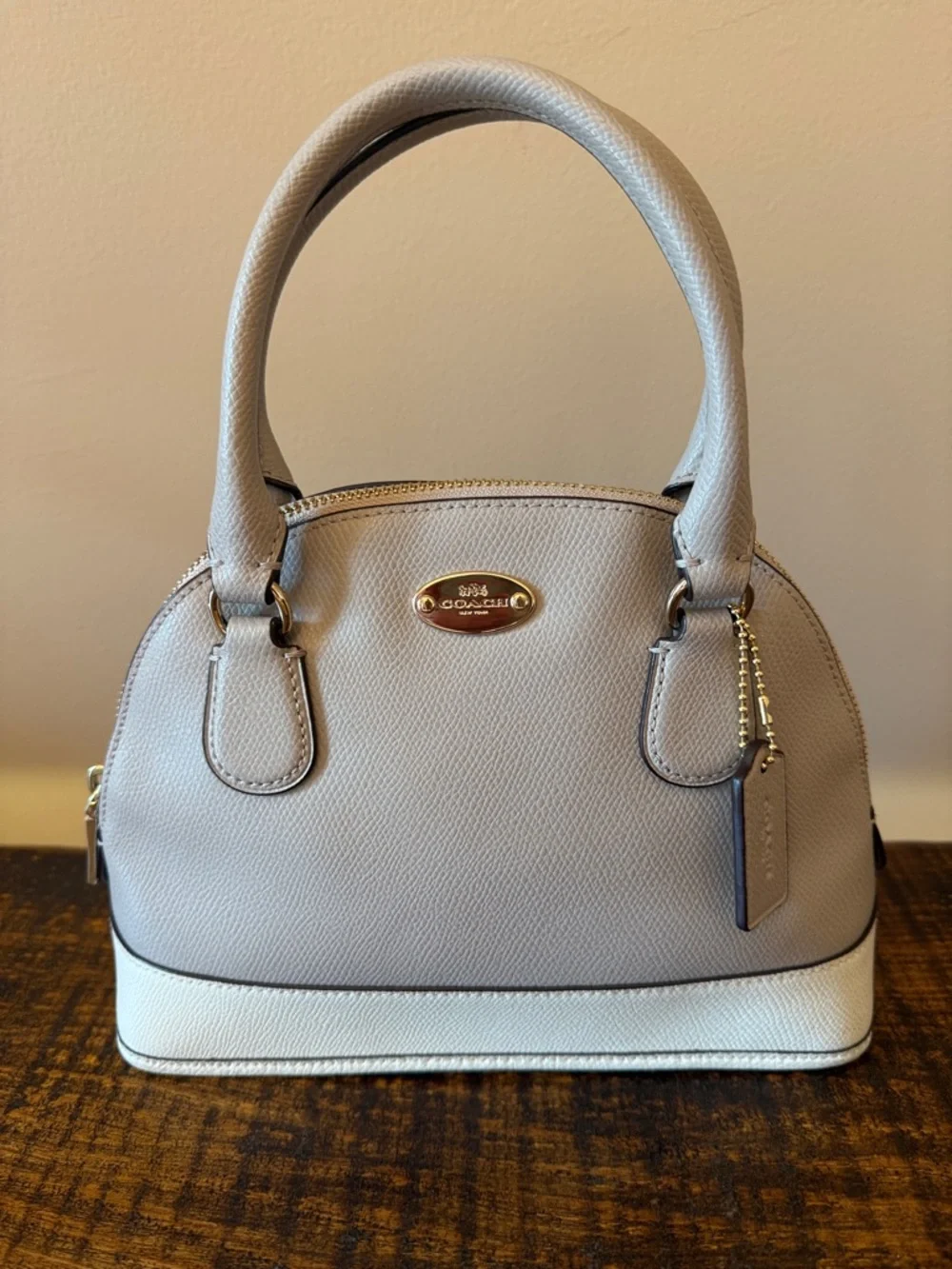 Coach Crossgrain Leather Mini Cora Domed Satchel F34517 Gray Birch Chalk